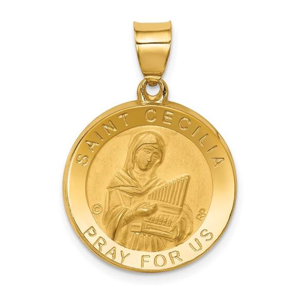 14k Yellow Gold Hollow St. Cecilia Medal Pendant 19mm (3/4 Inch)
